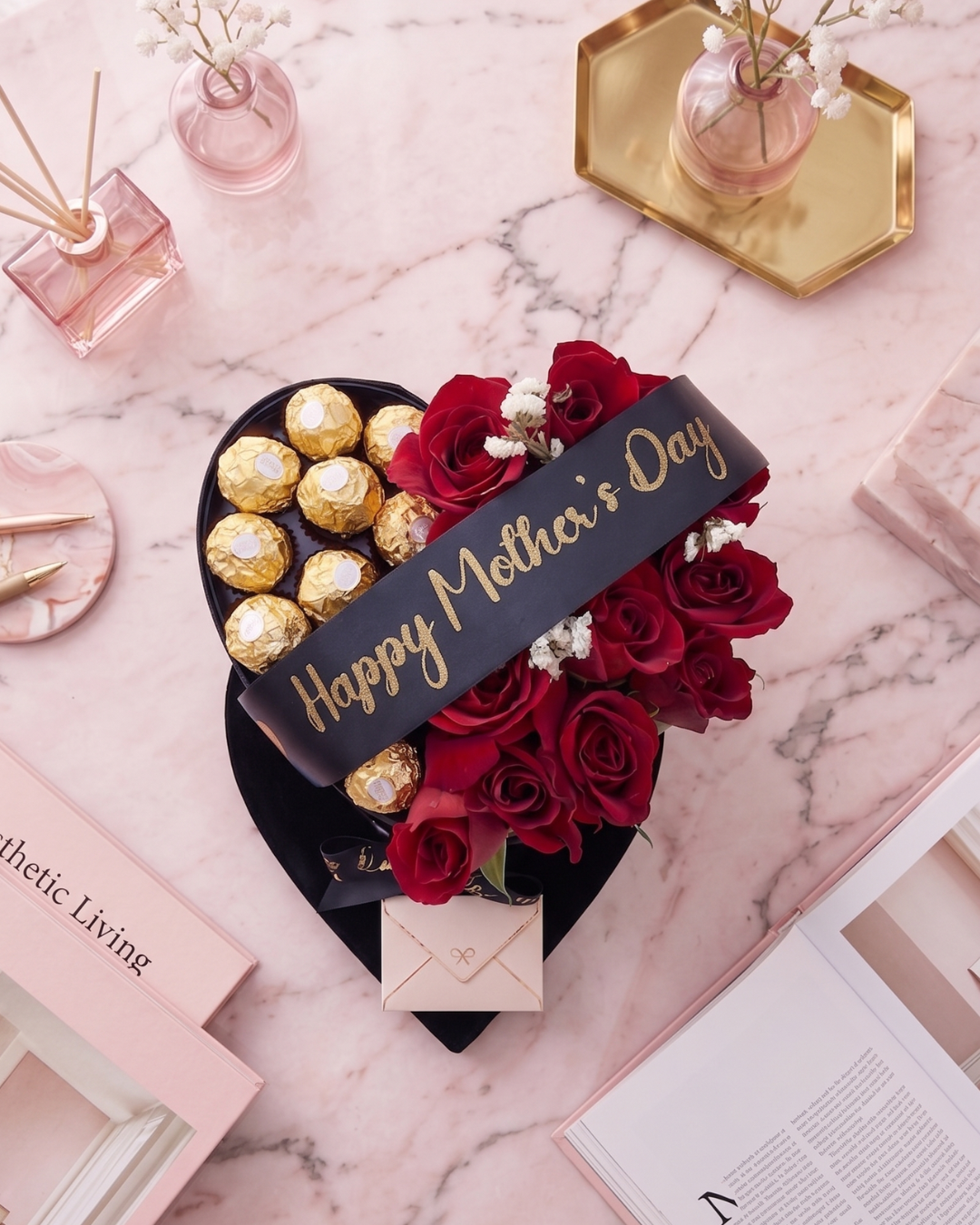 Heart Artificial Flowers and Chocolate Bouquet